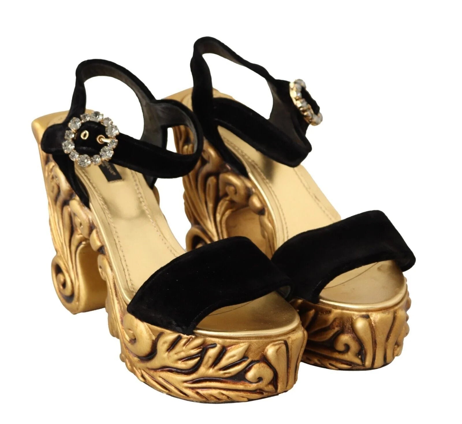 Dolce & Gabbana Black Gold Baroque Velvet Heels Crystal Shoes - EU38/US7.5 - Sandals