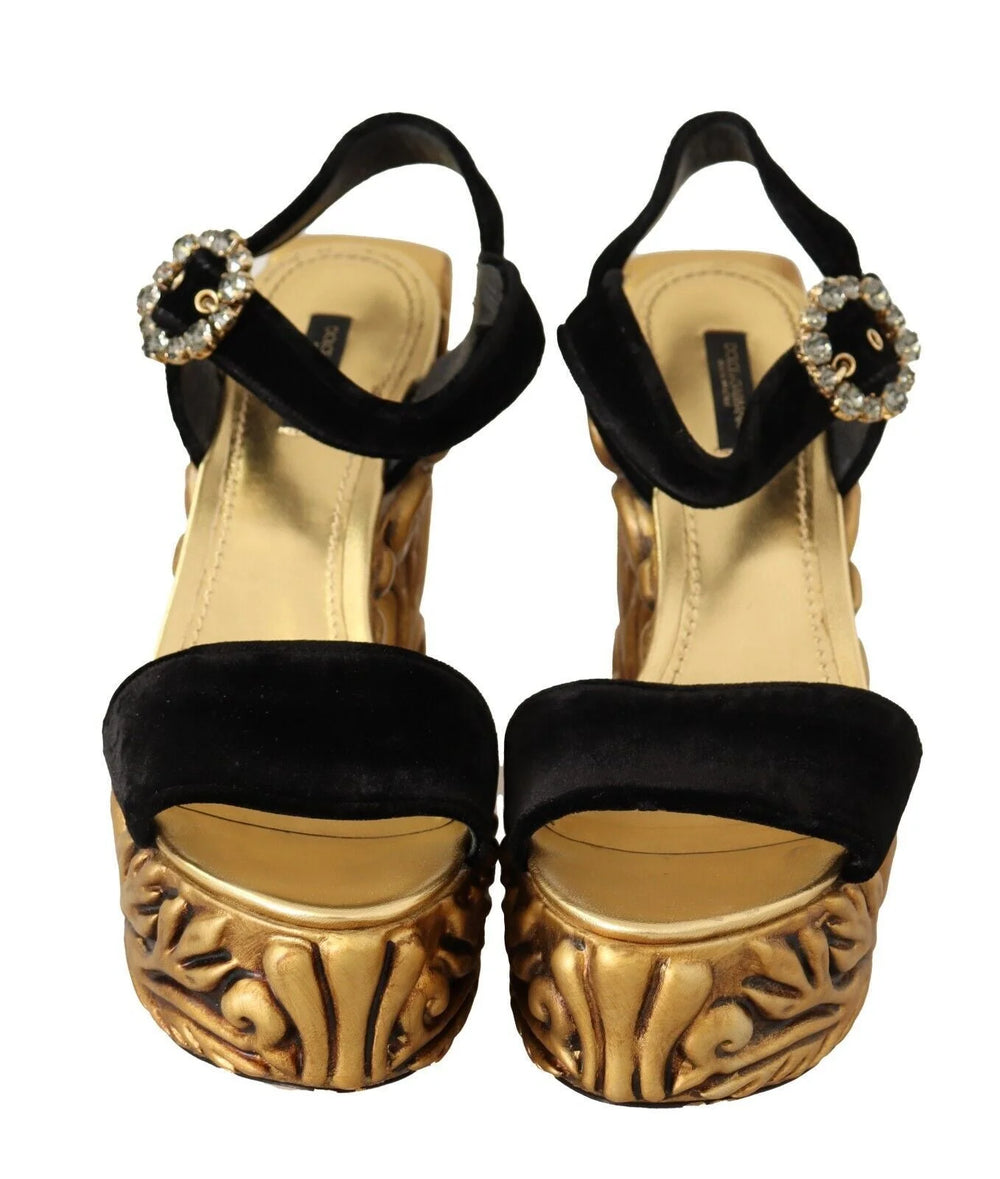 Dolce & Gabbana Black Gold Baroque Velvet Heels Crystal Shoes - EU38/US7.5 - Sandals