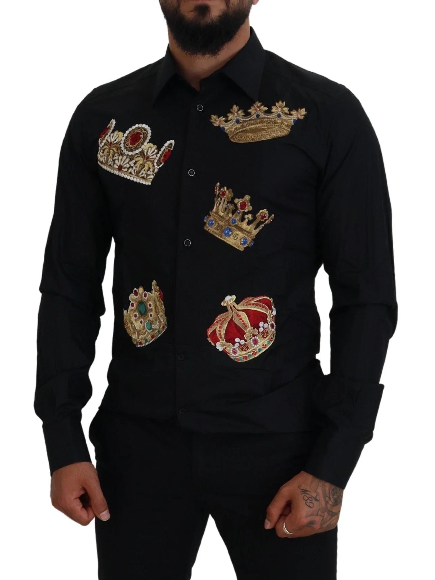 Dolce & Gabbana Black Gold Crown Slim Fit Dress Formal Shirt - Shirts