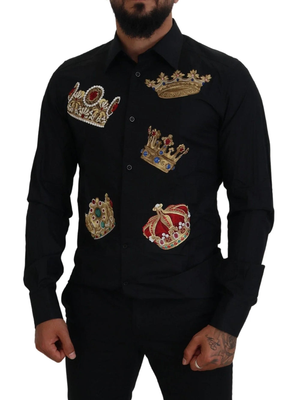 Dolce & Gabbana Black Gold Crown Slim Fit Dress Formal Shirt - Shirts