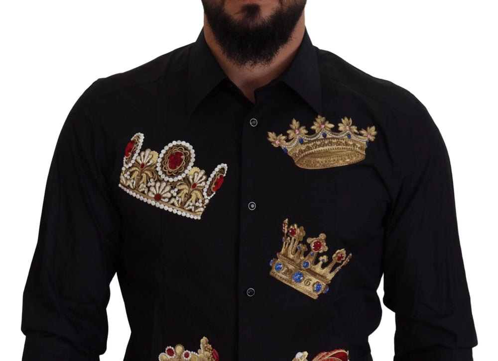 Dolce & Gabbana Black Gold Crown Slim Fit Dress Formal Shirt - Shirts