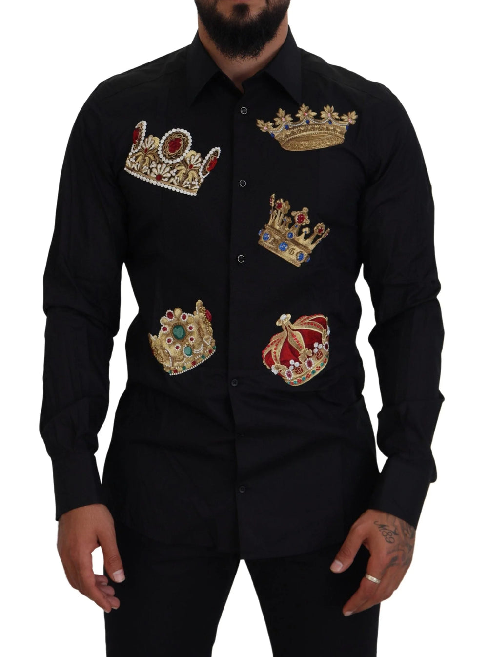 Dolce & Gabbana Black Gold Crown Slim Fit Dress Formal Shirt - Shirts