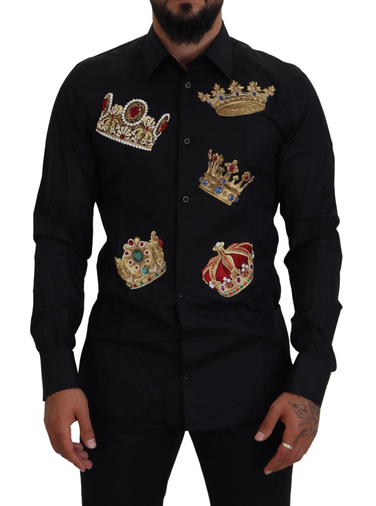 Dolce & Gabbana Black Gold Crown Slim Fit Dress Formal Shirt - Shirts