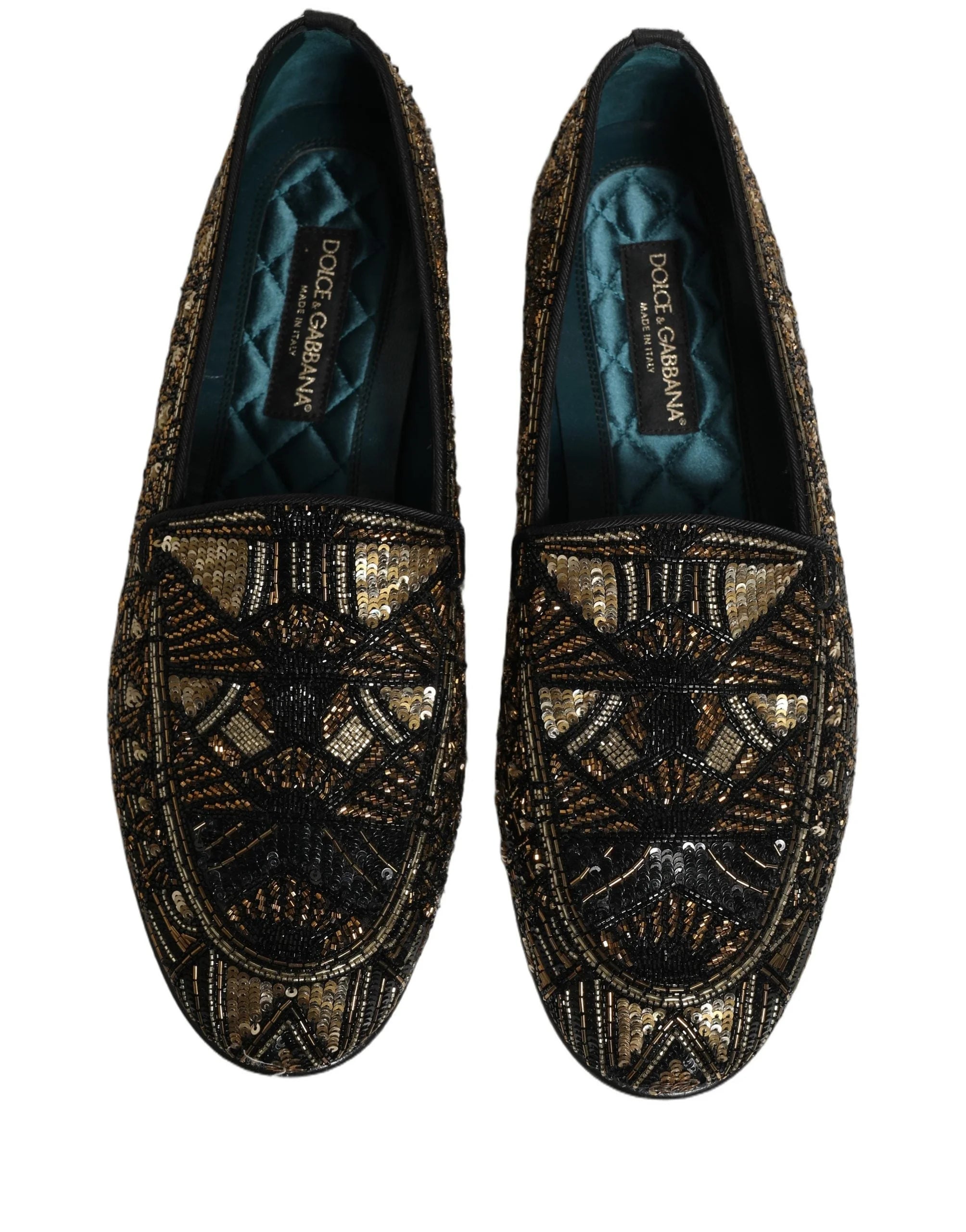Dolce & Gabbana Black Gold Embellished Slip On Loafers Shoes - EU44/US11