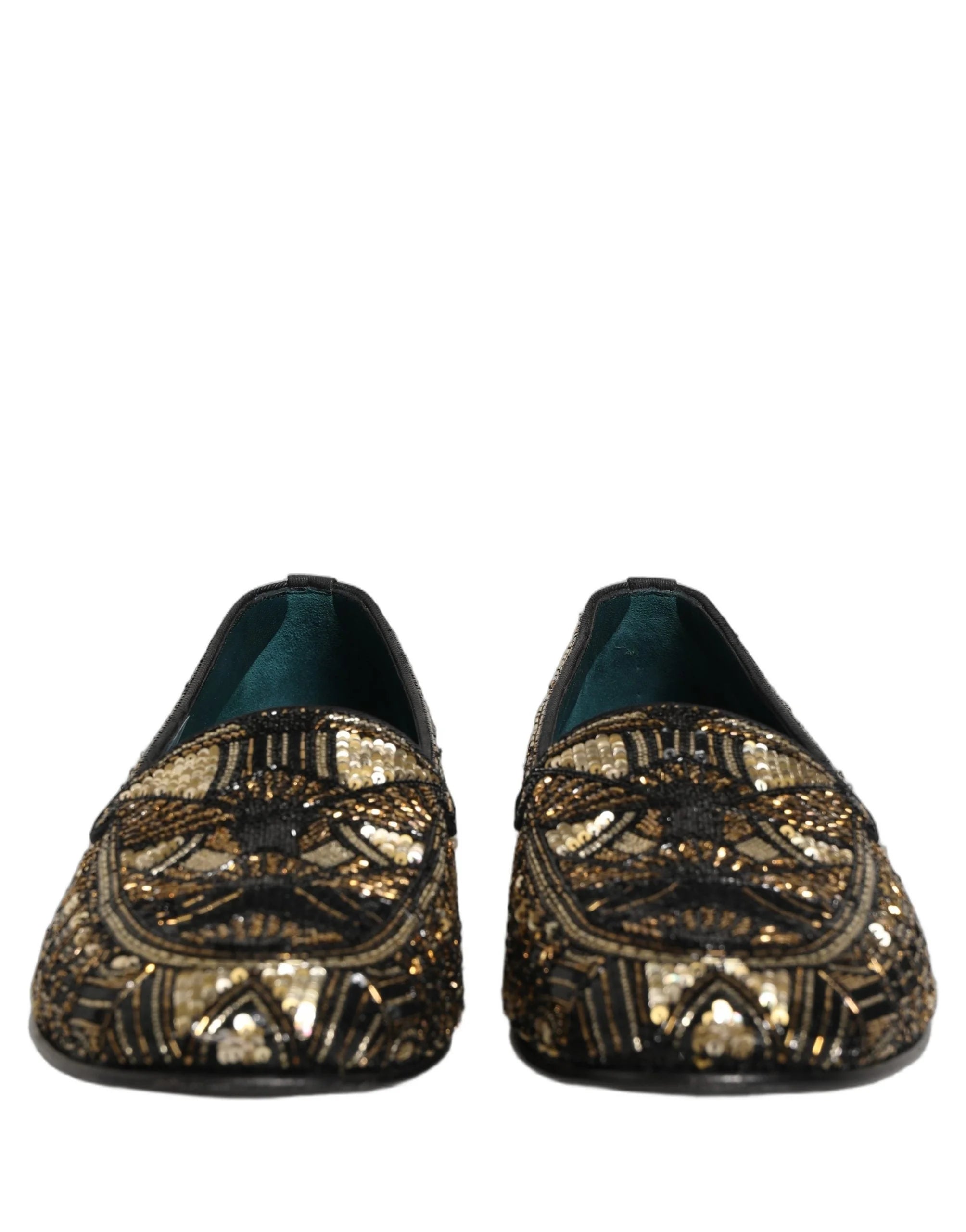 Dolce & Gabbana Black Gold Embellished Slip On Loafers Shoes - EU44/US11