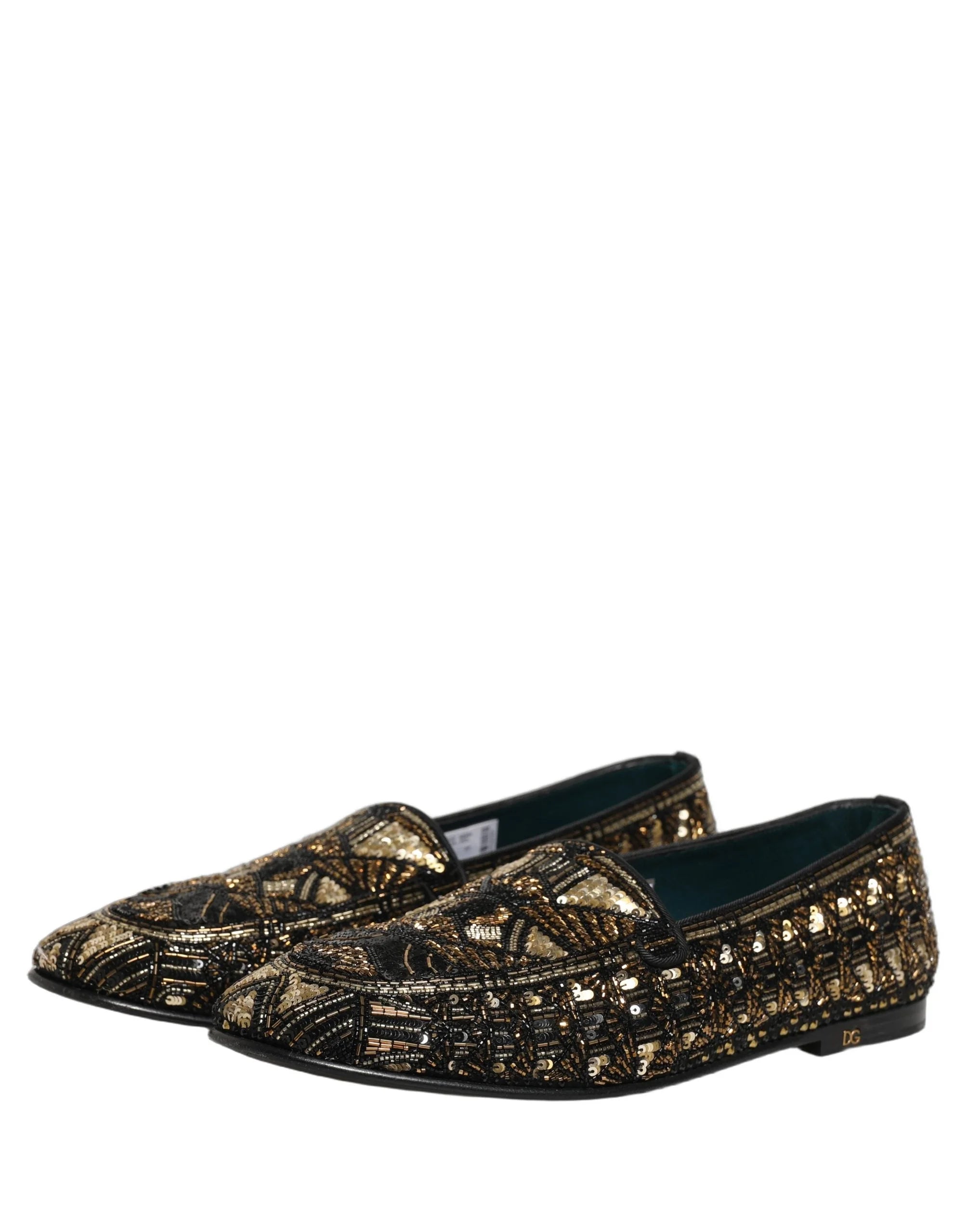Dolce & Gabbana Black Gold Embellished Slip On Loafers Shoes - EU44/US11