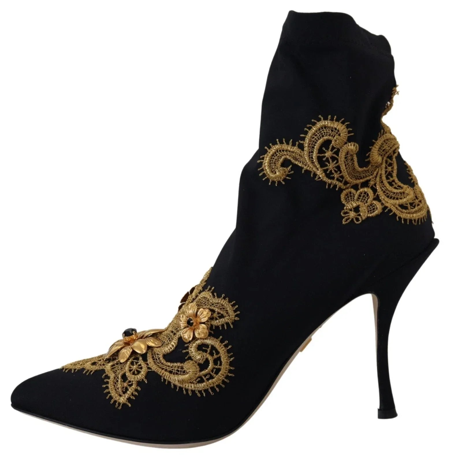 Dolce & Gabbana Black Gold Embroidery Crystal Boots Shoes - Boots