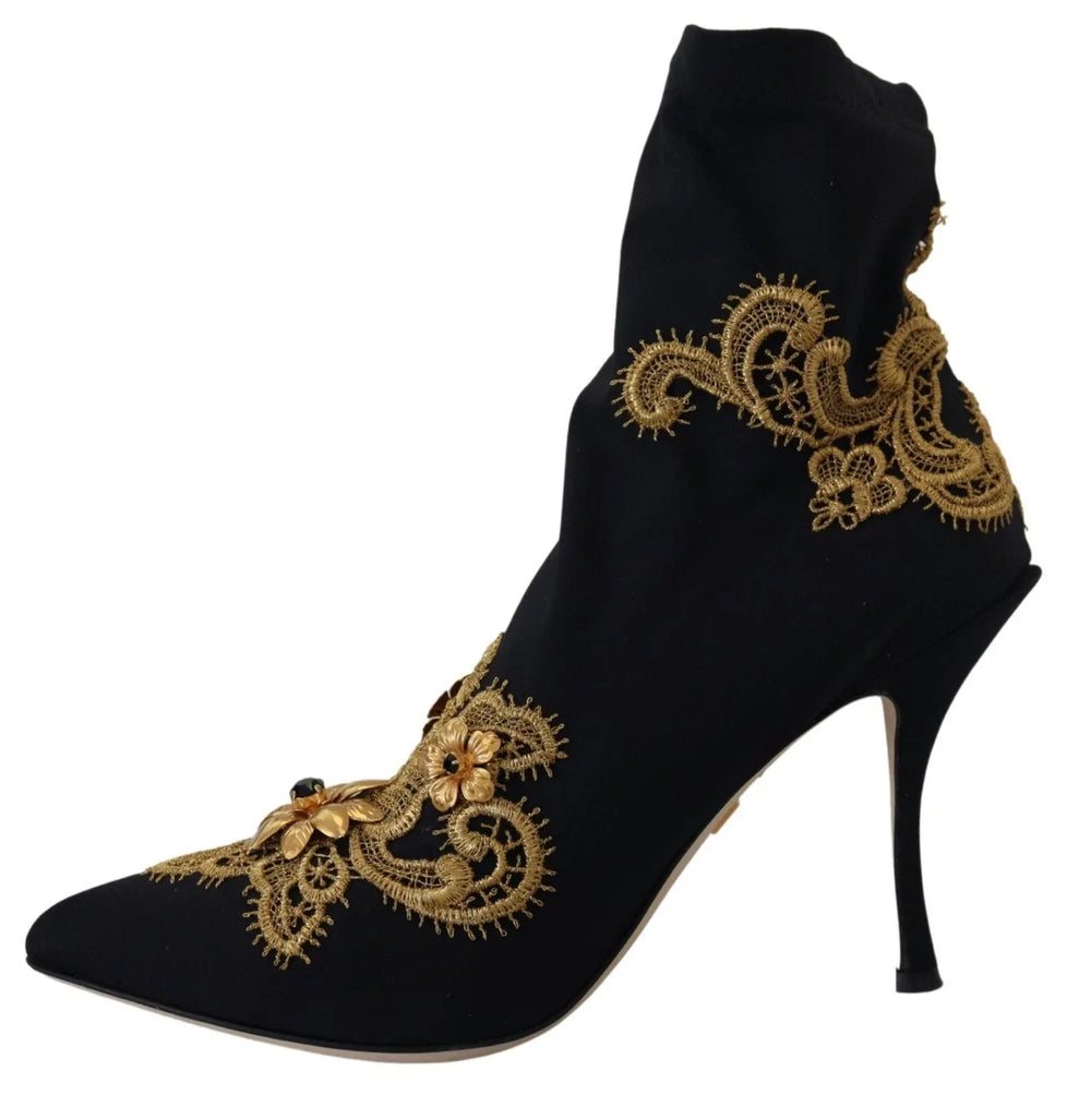 Dolce & Gabbana Black Gold Embroidery Crystal Boots Shoes - Boots