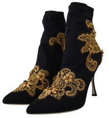 Dolce & Gabbana Black Gold Embroidery Crystal Boots Shoes - Boots