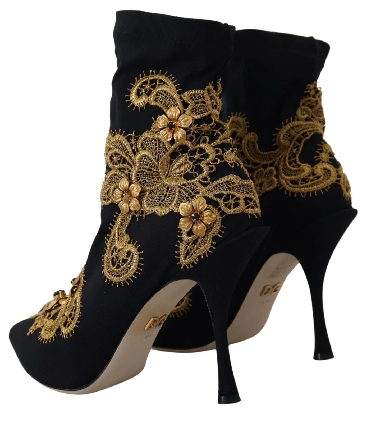 Dolce & Gabbana Black Gold Embroidery Crystal Boots Shoes - Boots