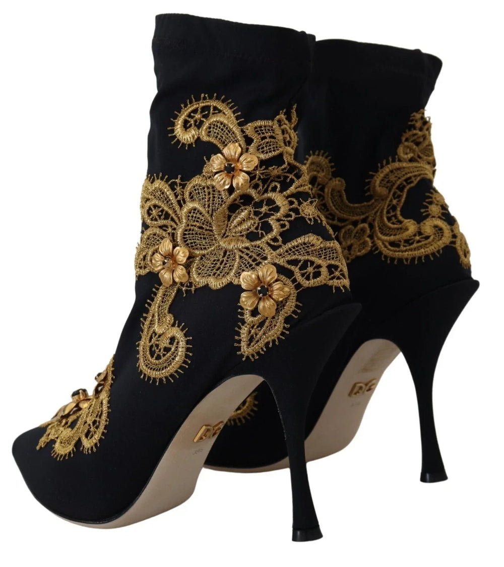 Dolce & Gabbana Black Gold Embroidery Crystal Boots Shoes - Boots