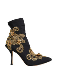 Dolce & Gabbana Black Gold Embroidery Crystal Boots Shoes - EU37/US6.5