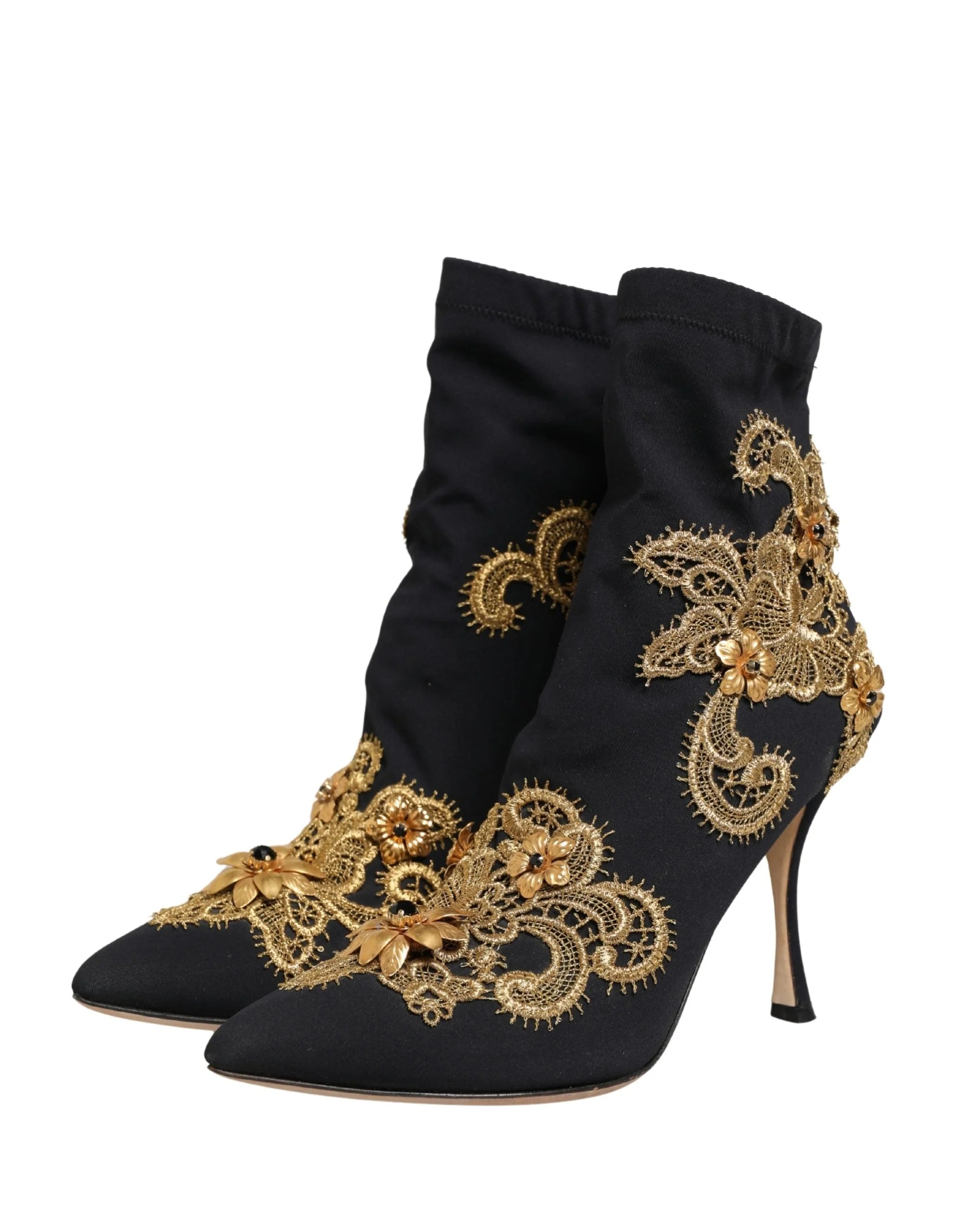 Dolce & Gabbana Black Gold Embroidery Crystal Boots Shoes - EU37/US6.5