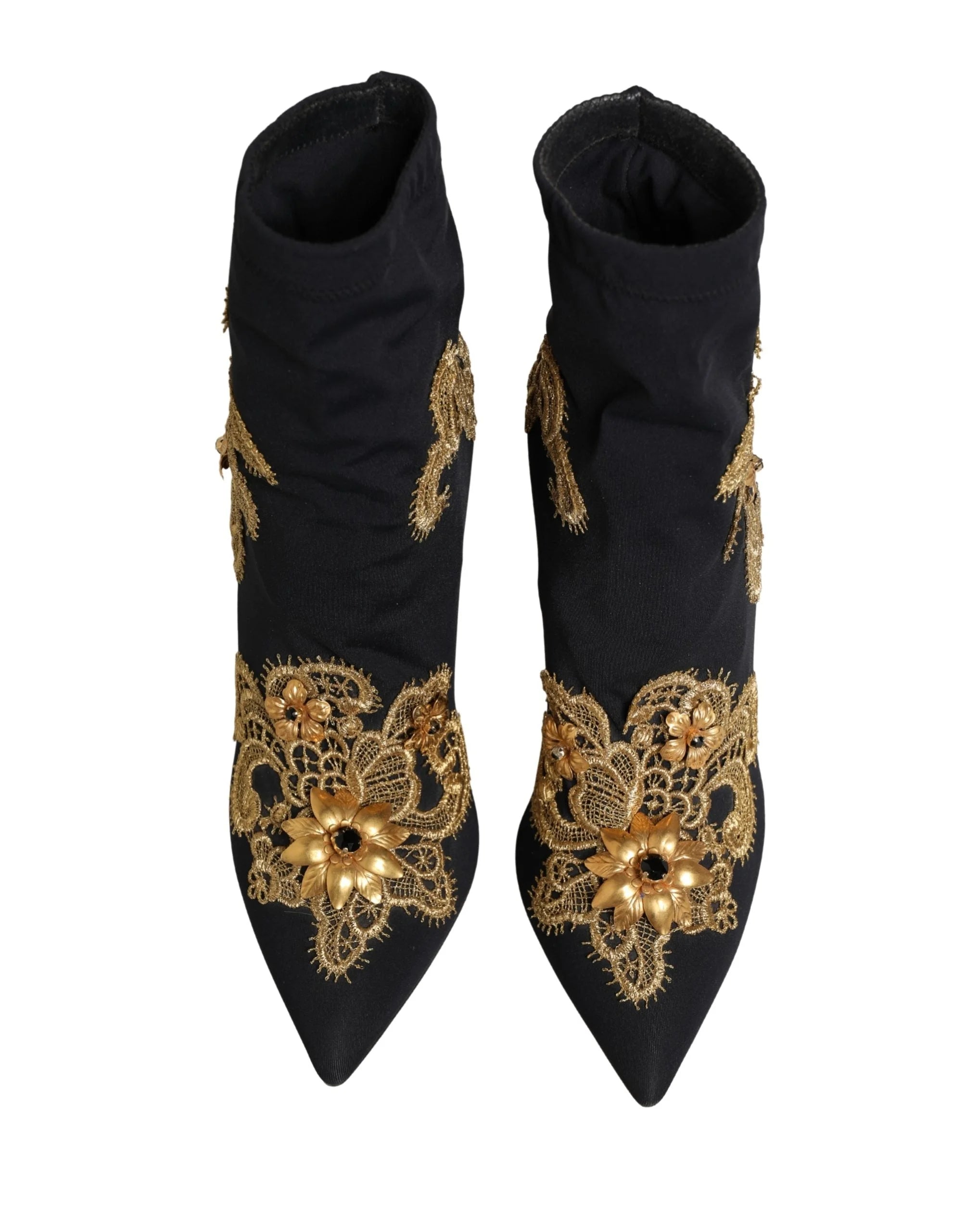Dolce & Gabbana Black Gold Embroidery Crystal Boots Shoes - EU37/US6.5