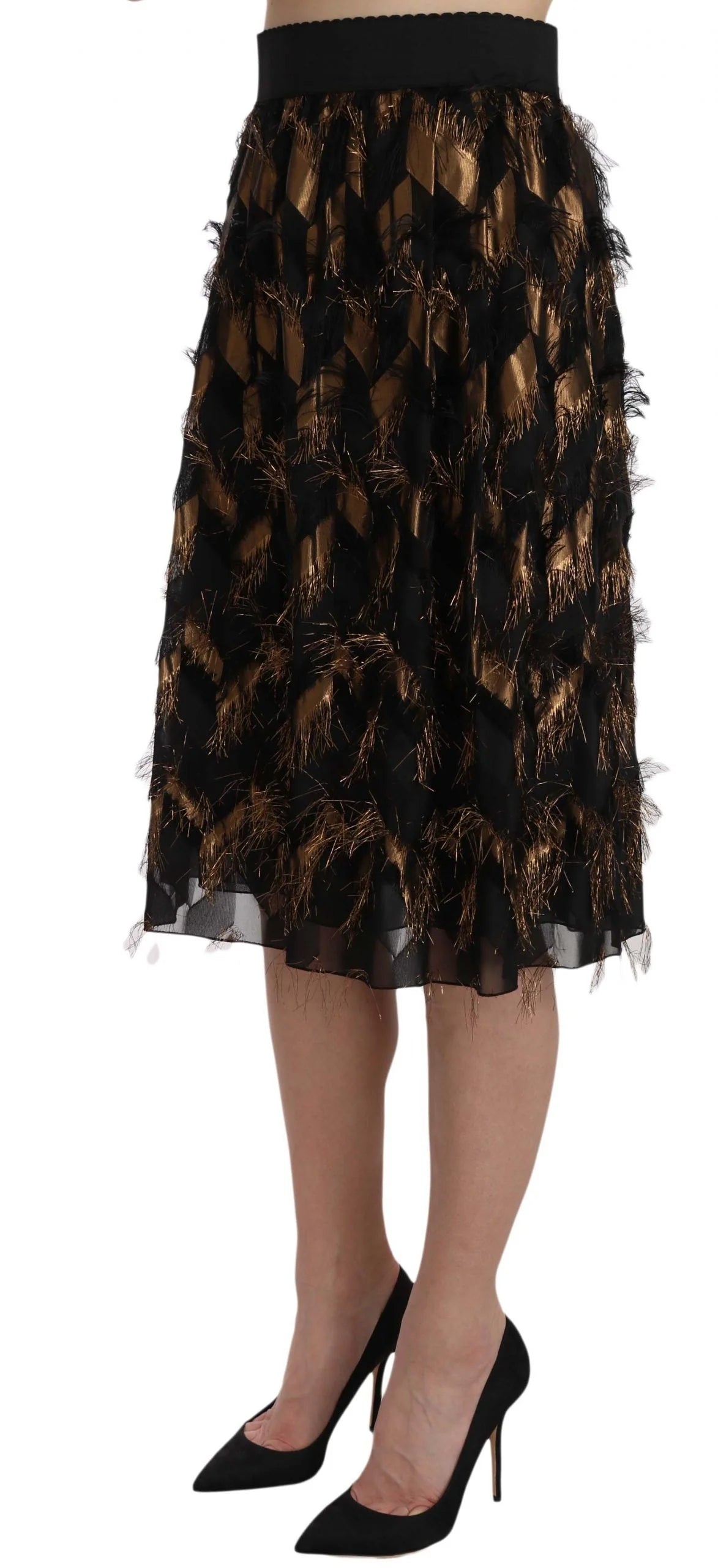 Dolce & Gabbana Black Gold Fringe Metallic Pencil A-line Skirt - IT44|L - Skirts