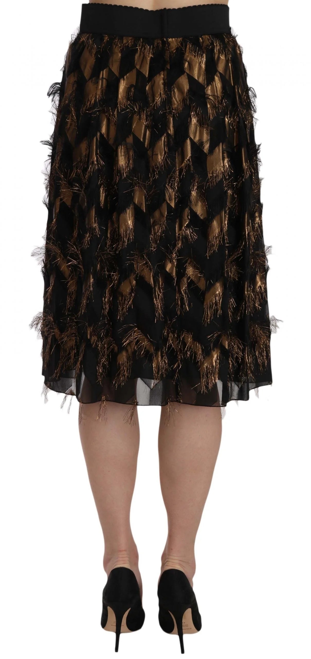 Dolce & Gabbana Black Gold Fringe Metallic Pencil A-line Skirt - IT44|L - Skirts