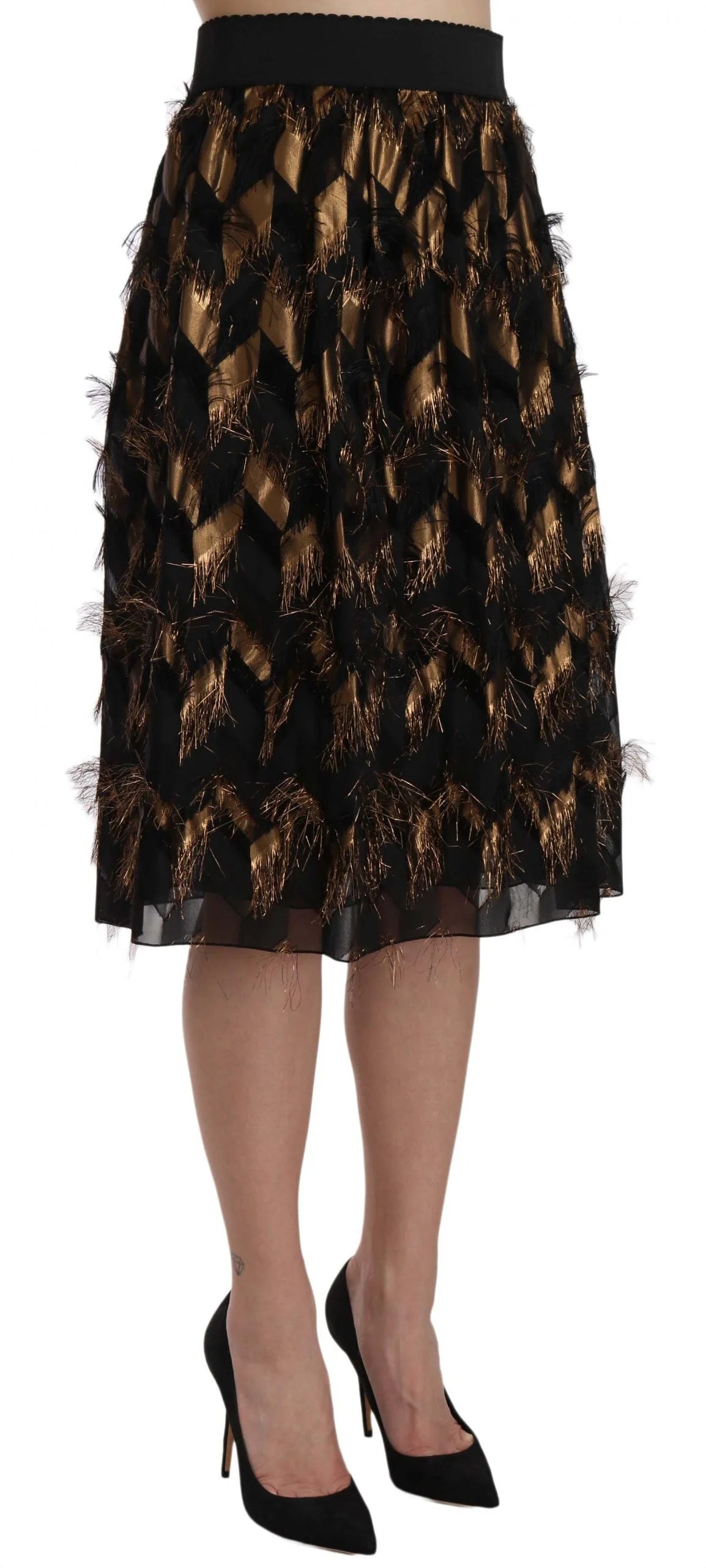 Dolce & Gabbana Black Gold Fringe Metallic Pencil A-line Skirt - IT44|L - Skirts