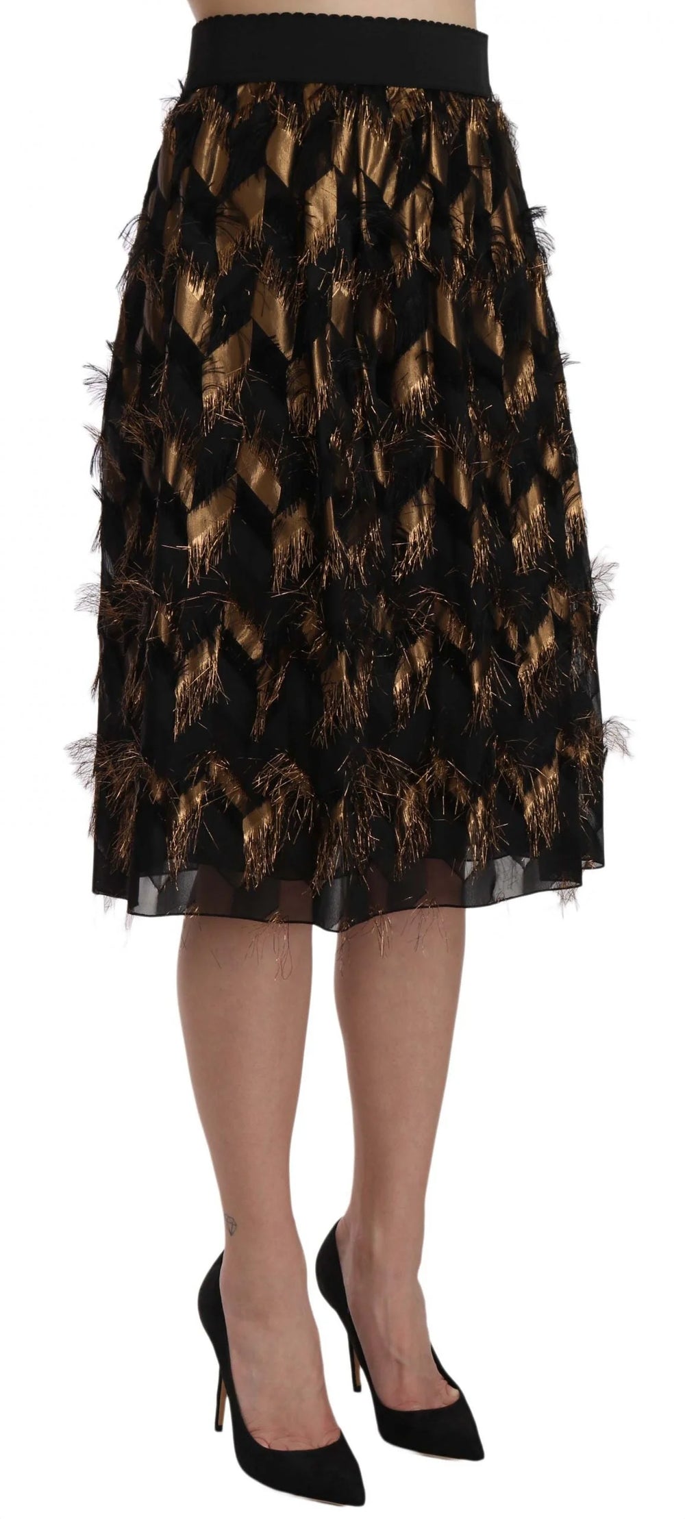 Dolce & Gabbana Black Gold Fringe Metallic Pencil A-line Skirt - IT44|L - Skirts