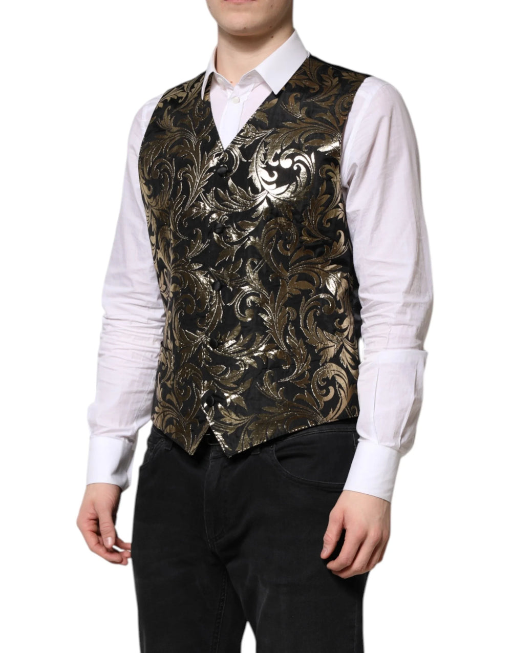 Dolce & Gabbana Black Gold Jacquard Formal Men Waistcoat Vest - IT50 | L - Vests