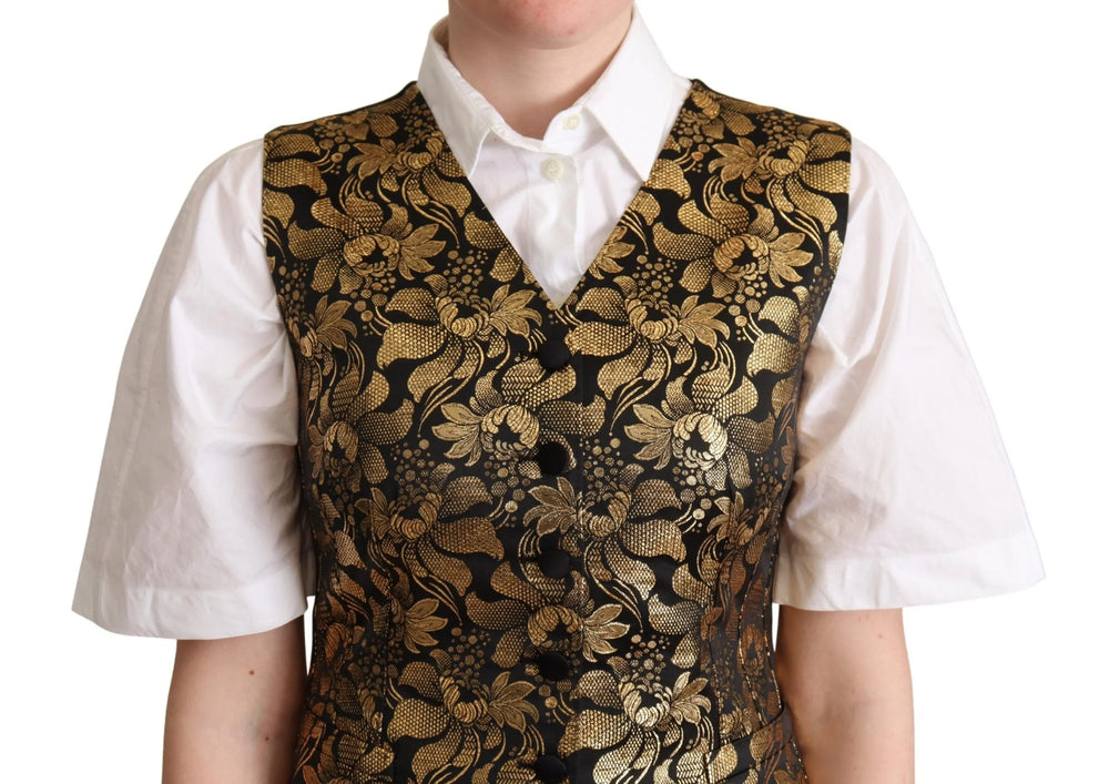 Dolce & Gabbana Black Gold Jacquard Silk Waistcoat Vest - Vests