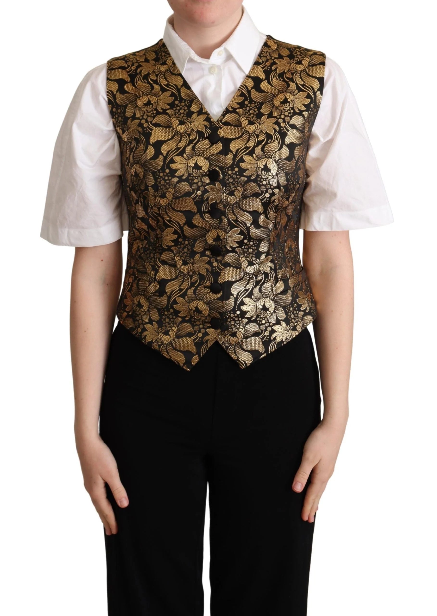 Dolce & Gabbana Black Gold Jacquard Silk Waistcoat Vest - Vests