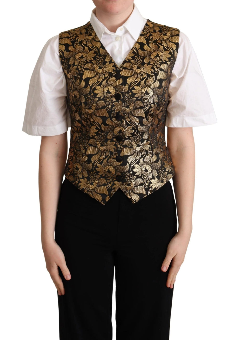 Dolce & Gabbana Black Gold Jacquard Silk Waistcoat Vest - Vests