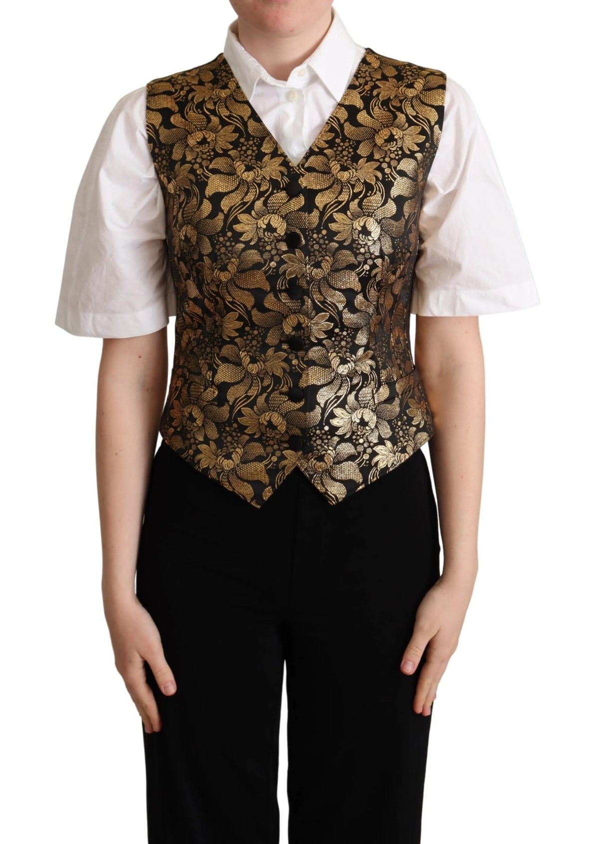 Dolce & Gabbana Black Gold Jacquard Silk Waistcoat Vest - Vests