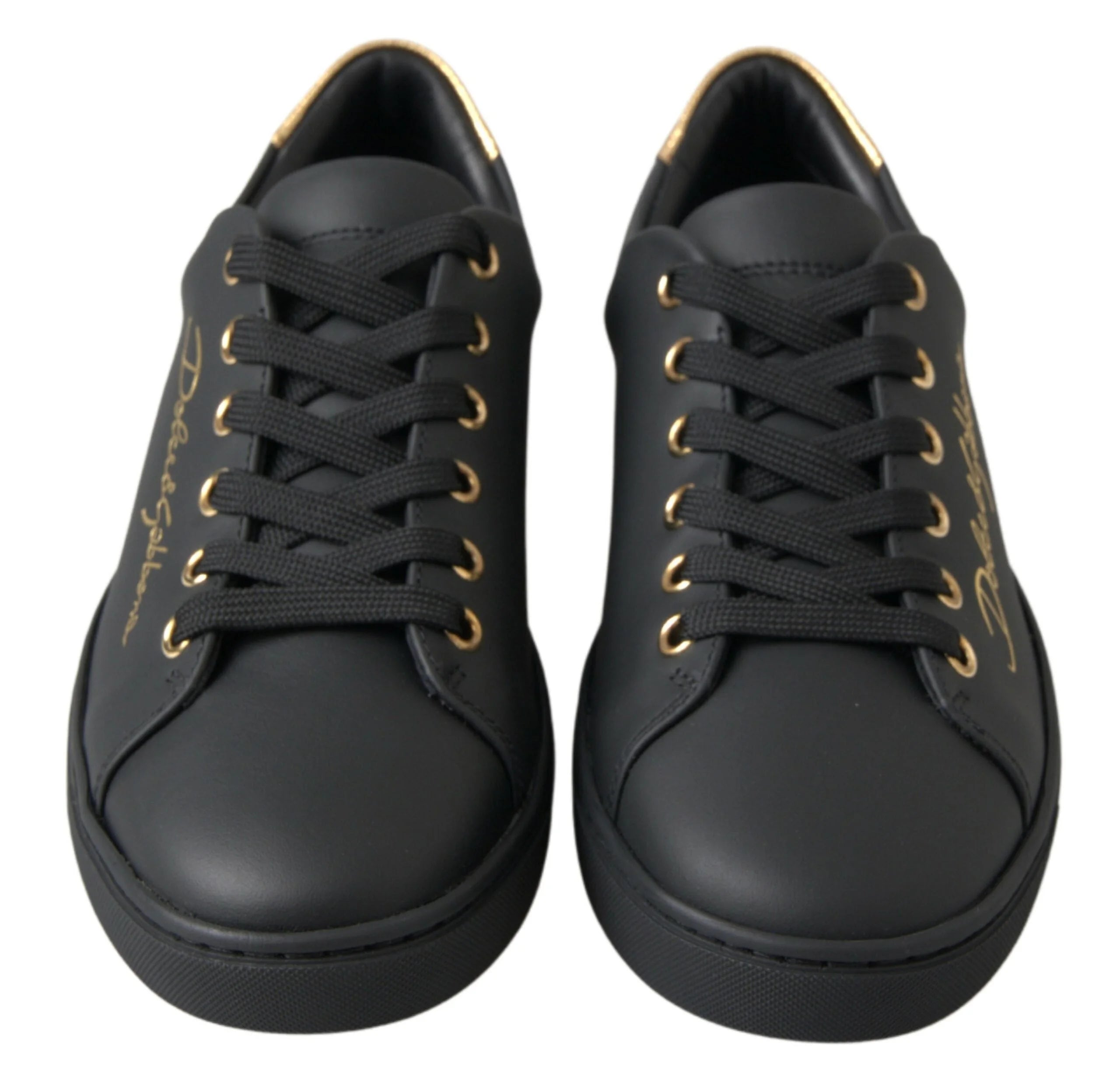 Dolce & Gabbana Black Gold Leather Classic Sneakers Shoes - Sneakers