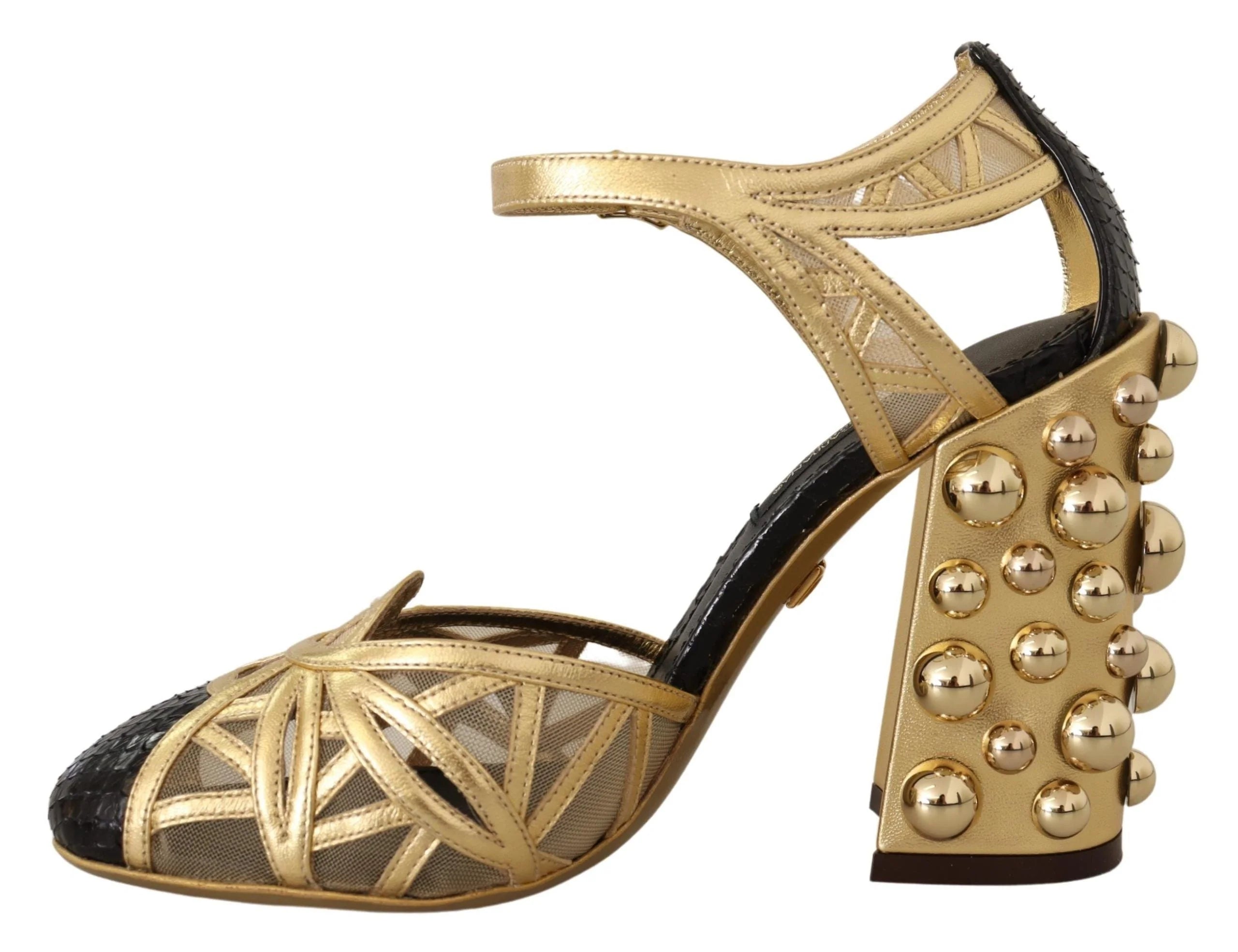 Dolce & Gabbana Black Gold Leather Studded Ankle Straps Shoes - Heels