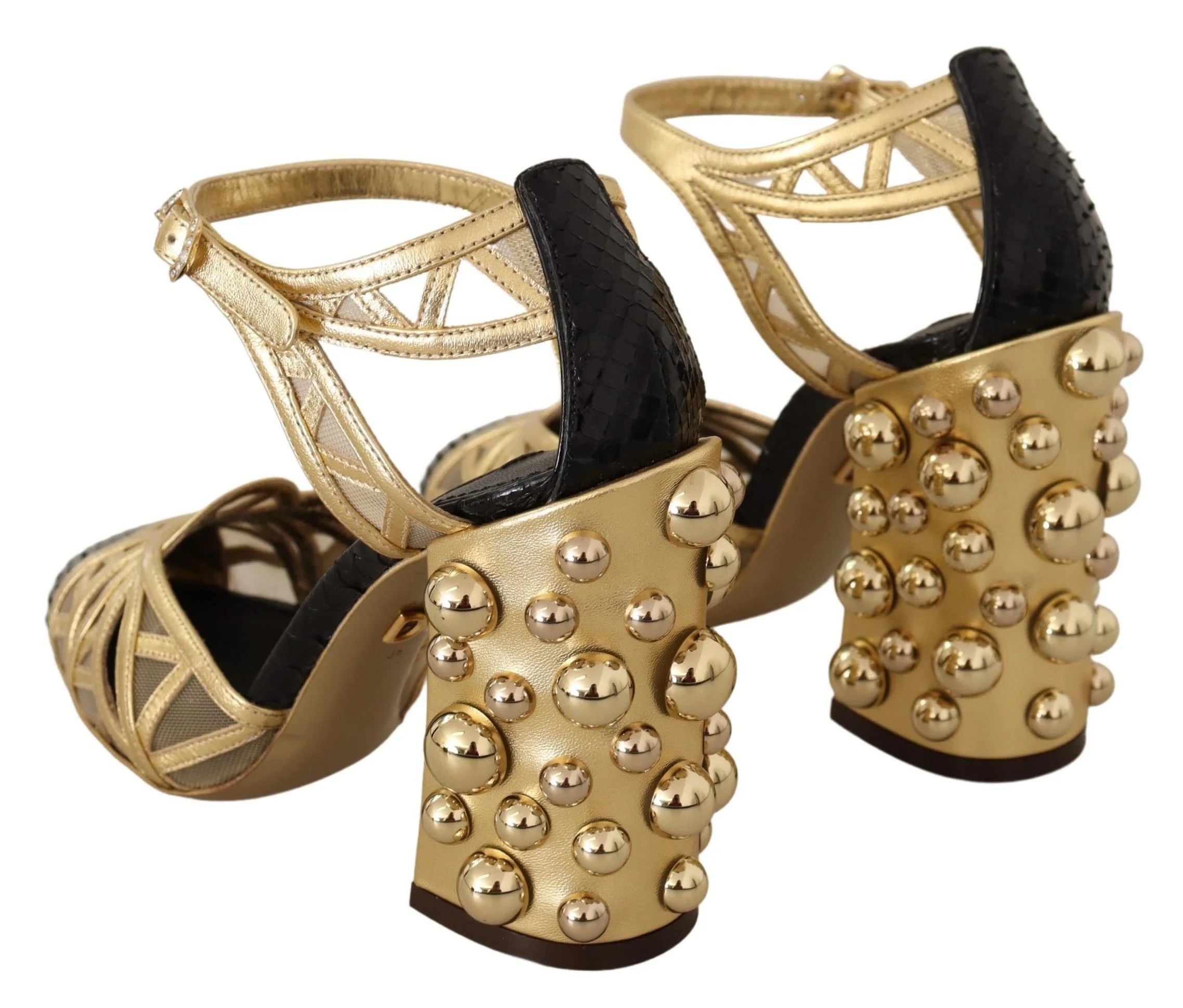 Dolce & Gabbana Black Gold Leather Studded Ankle Straps Shoes - Heels