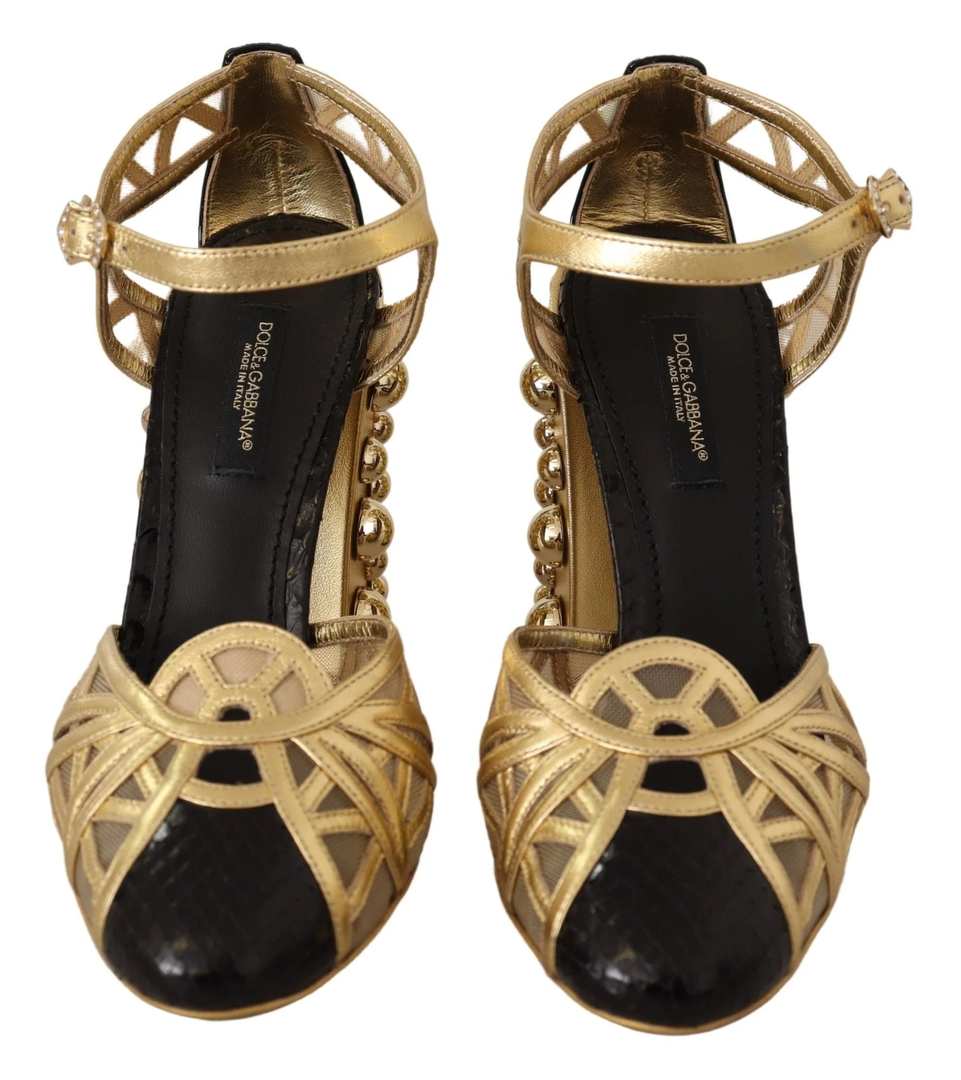 Dolce & Gabbana Black Gold Leather Studded Ankle Straps Shoes - Heels