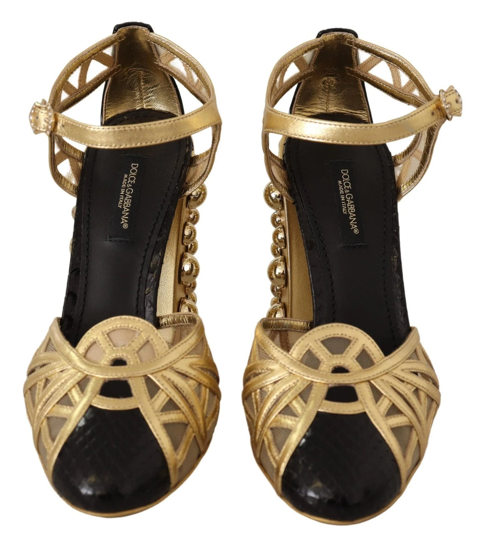 Dolce & Gabbana Black Gold Leather Studded Ankle Straps Shoes - Heels