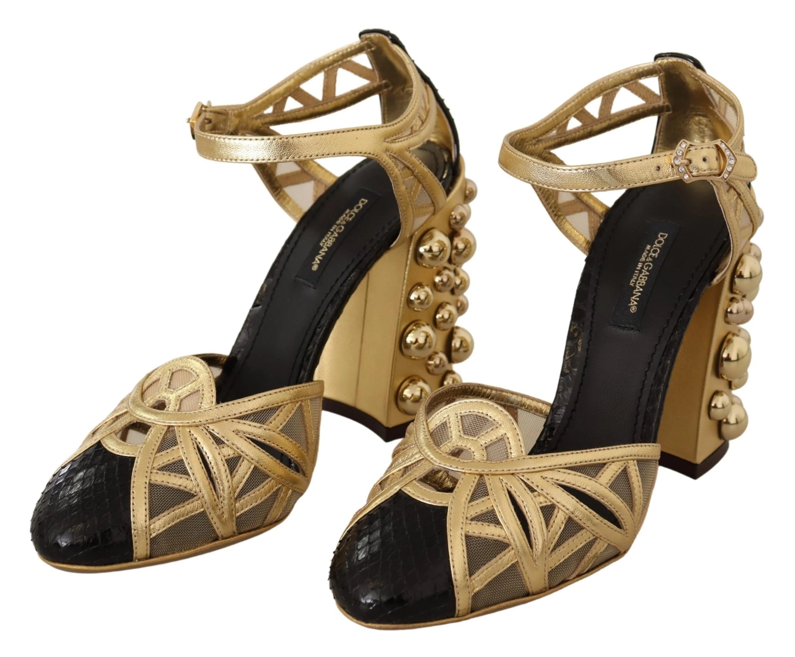 Dolce & Gabbana Black Gold Leather Studded Ankle Straps Shoes - Heels