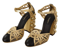 Dolce & Gabbana Black Gold Leather Studded Ankle Straps Shoes - Heels