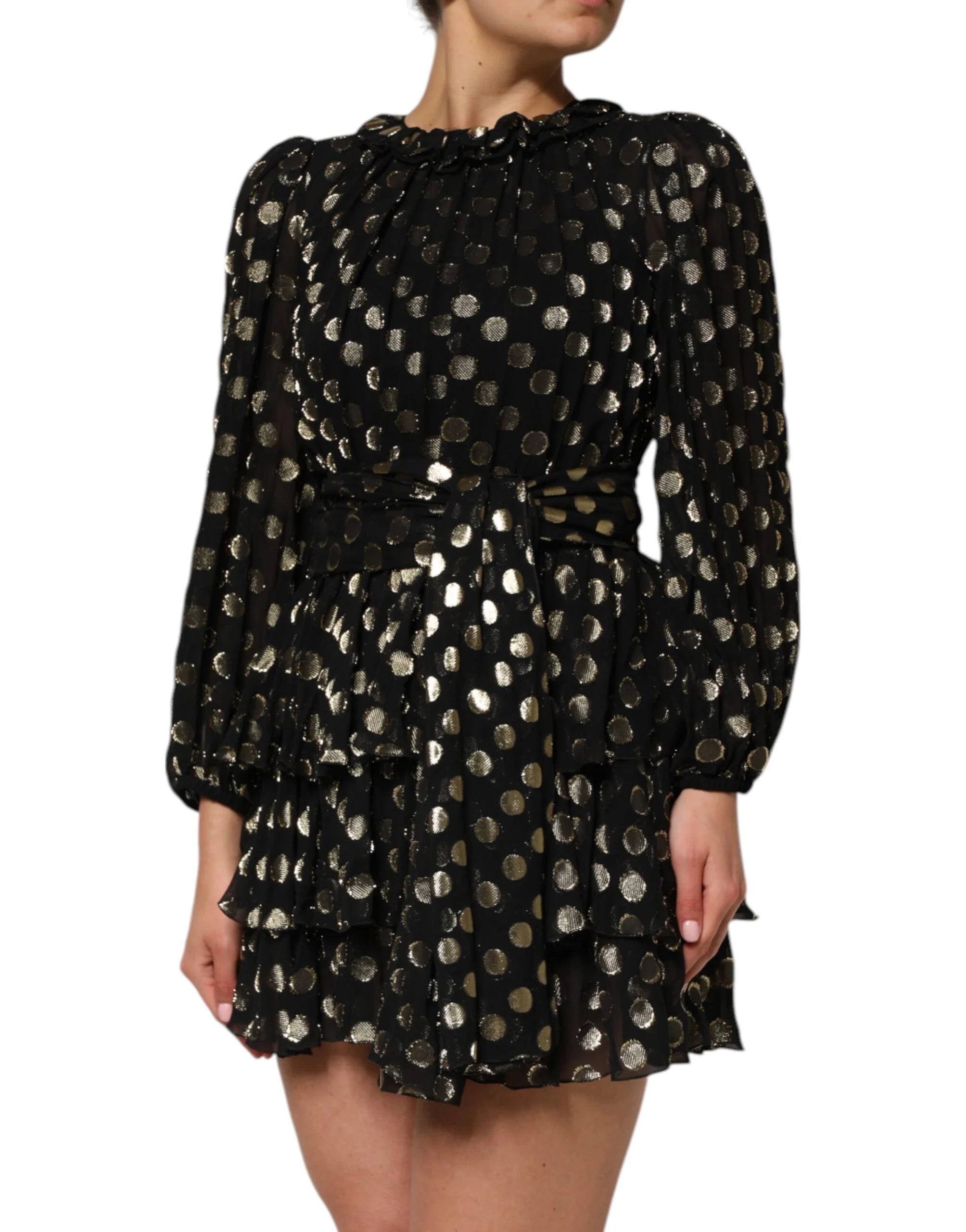 Dolce & Gabbana Black Gold Polka Dot Silk Brocade Mini Dress - IT40|S