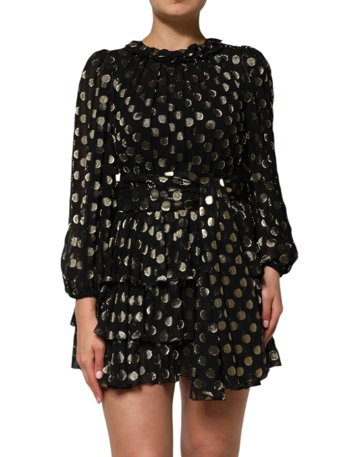 Dolce & Gabbana Black Gold Polka Dot Silk Brocade Mini Dress - IT40|S