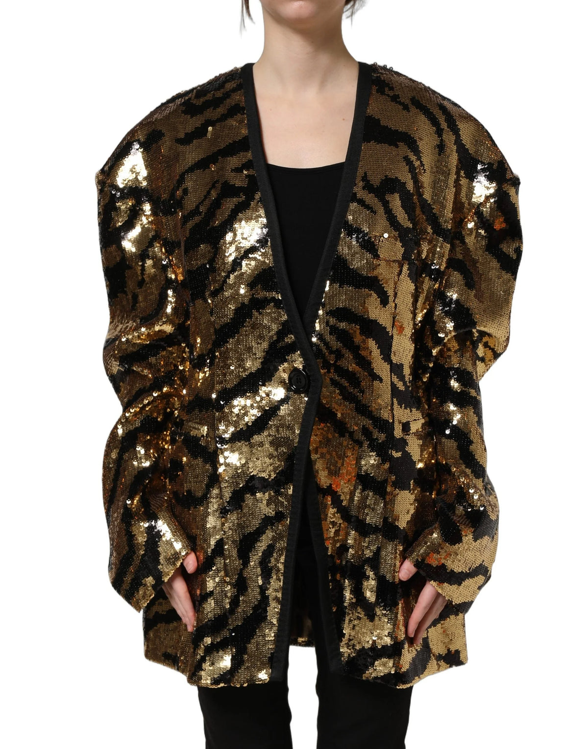 Dolce & Gabbana Black Gold Sequin Tiger Stripe Blazer Jacket - IT40|S