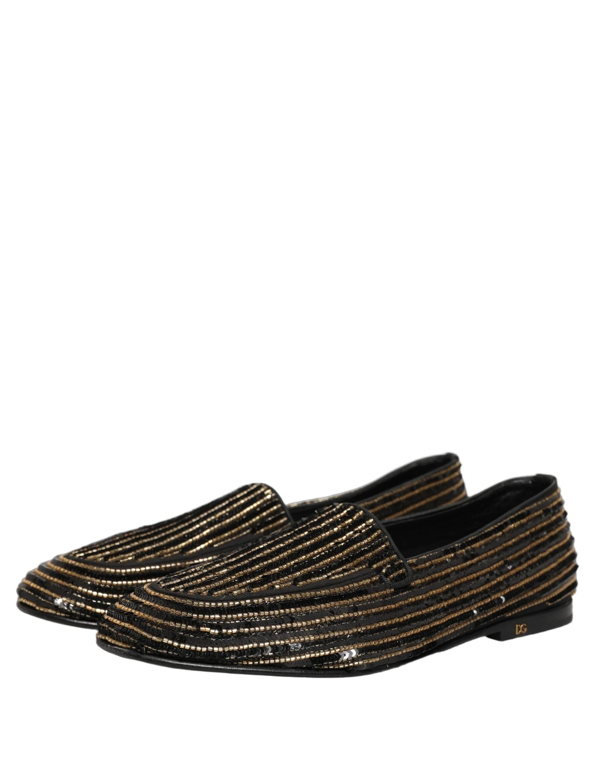 Dolce & Gabbana Mocassini da uomo in raso nero e paillettes dorate