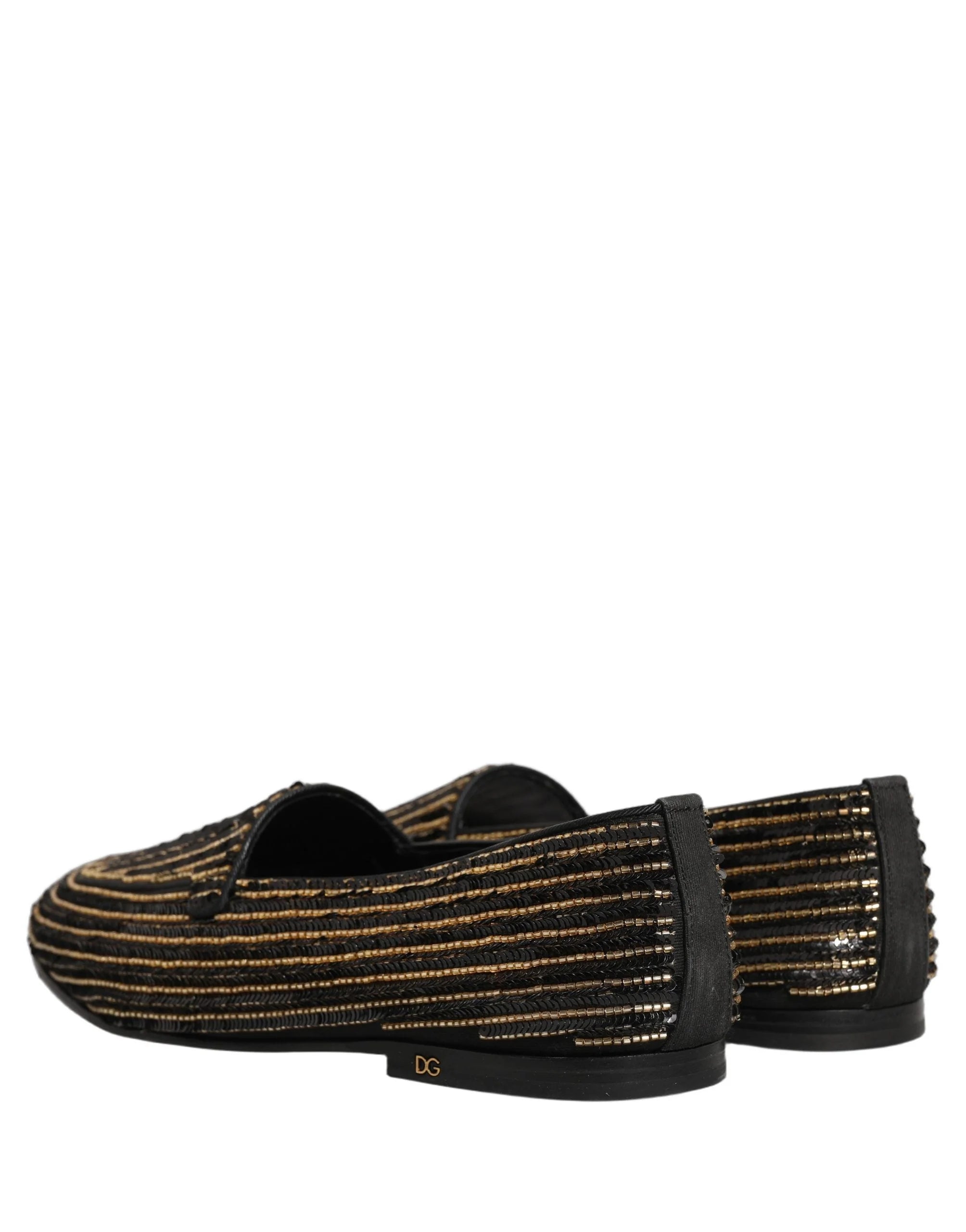 Dolce & Gabbana Mocassini da uomo in raso nero e paillettes dorate