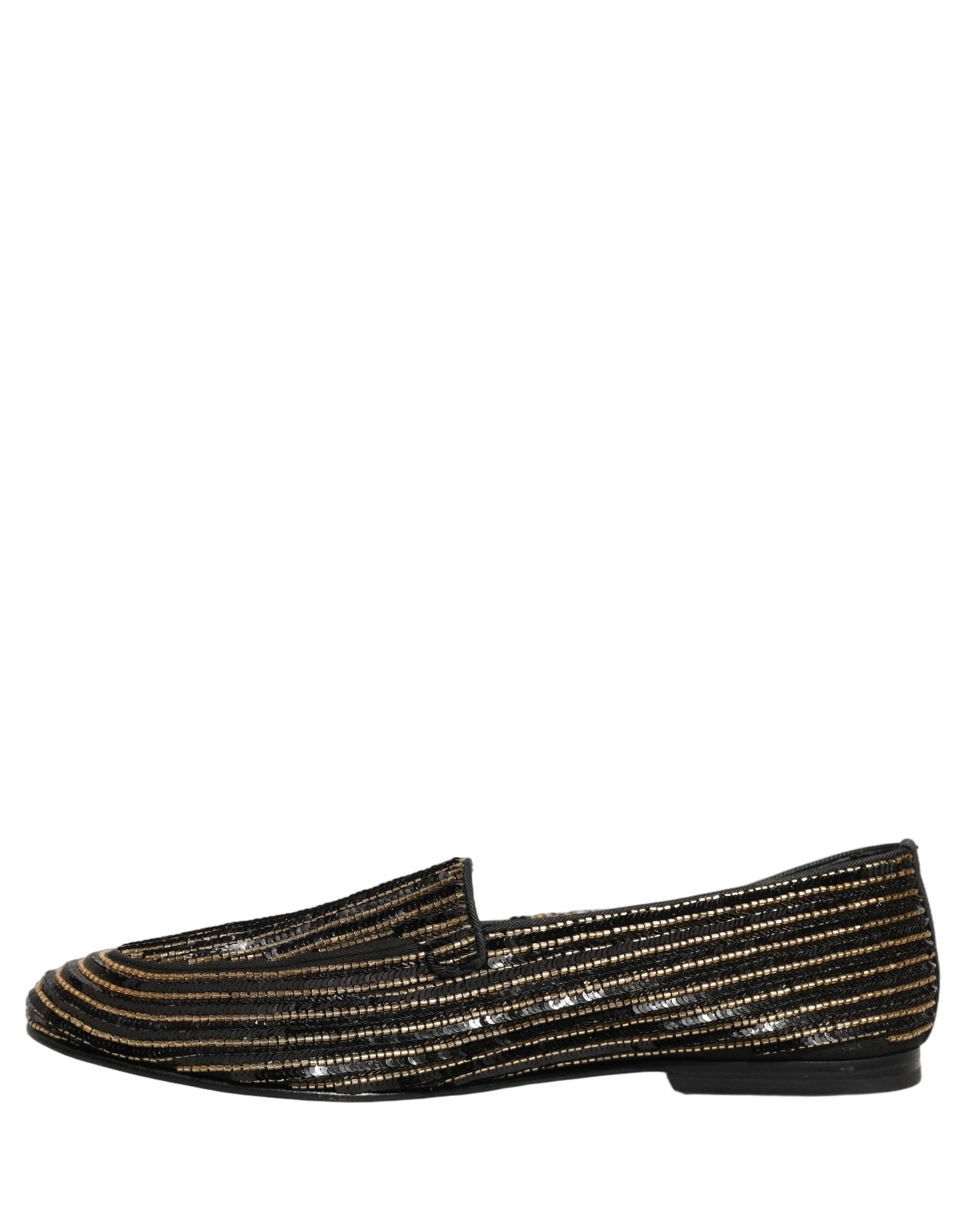Dolce & Gabbana Mocassini da uomo in raso nero e paillettes dorate