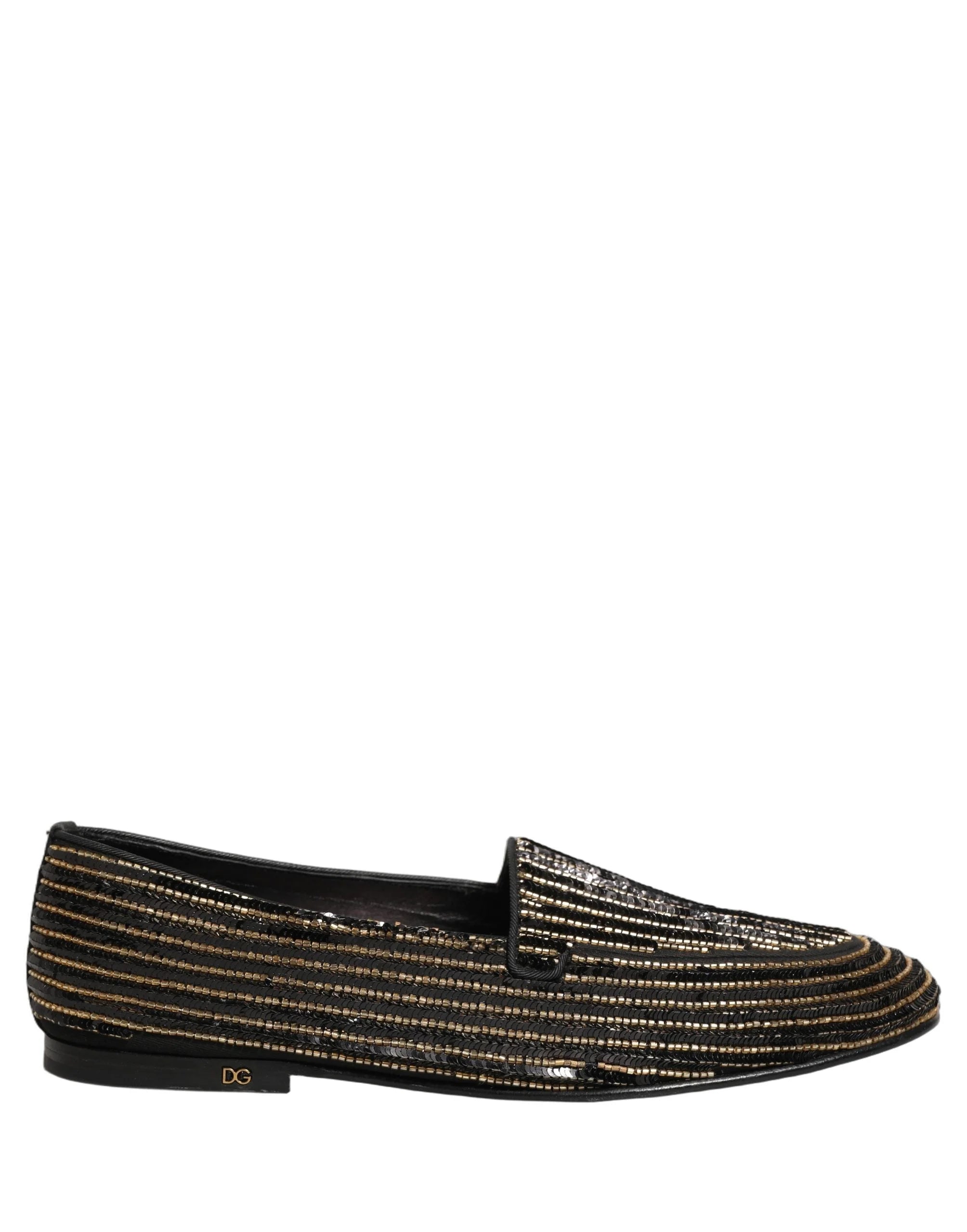 Dolce & Gabbana Mocassini da uomo in raso nero e paillettes dorate