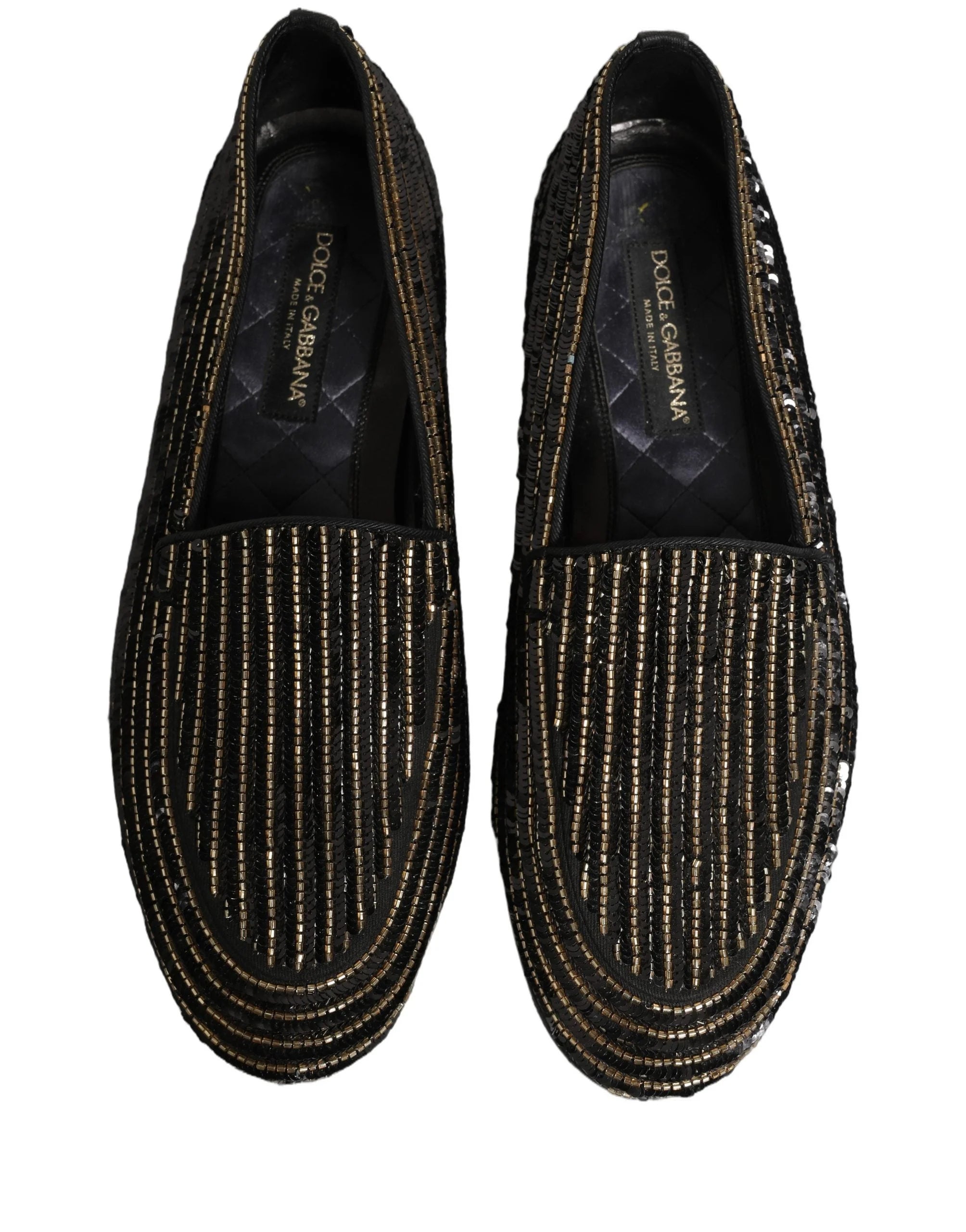 Dolce & Gabbana Mocassini da uomo in raso nero e paillettes dorate