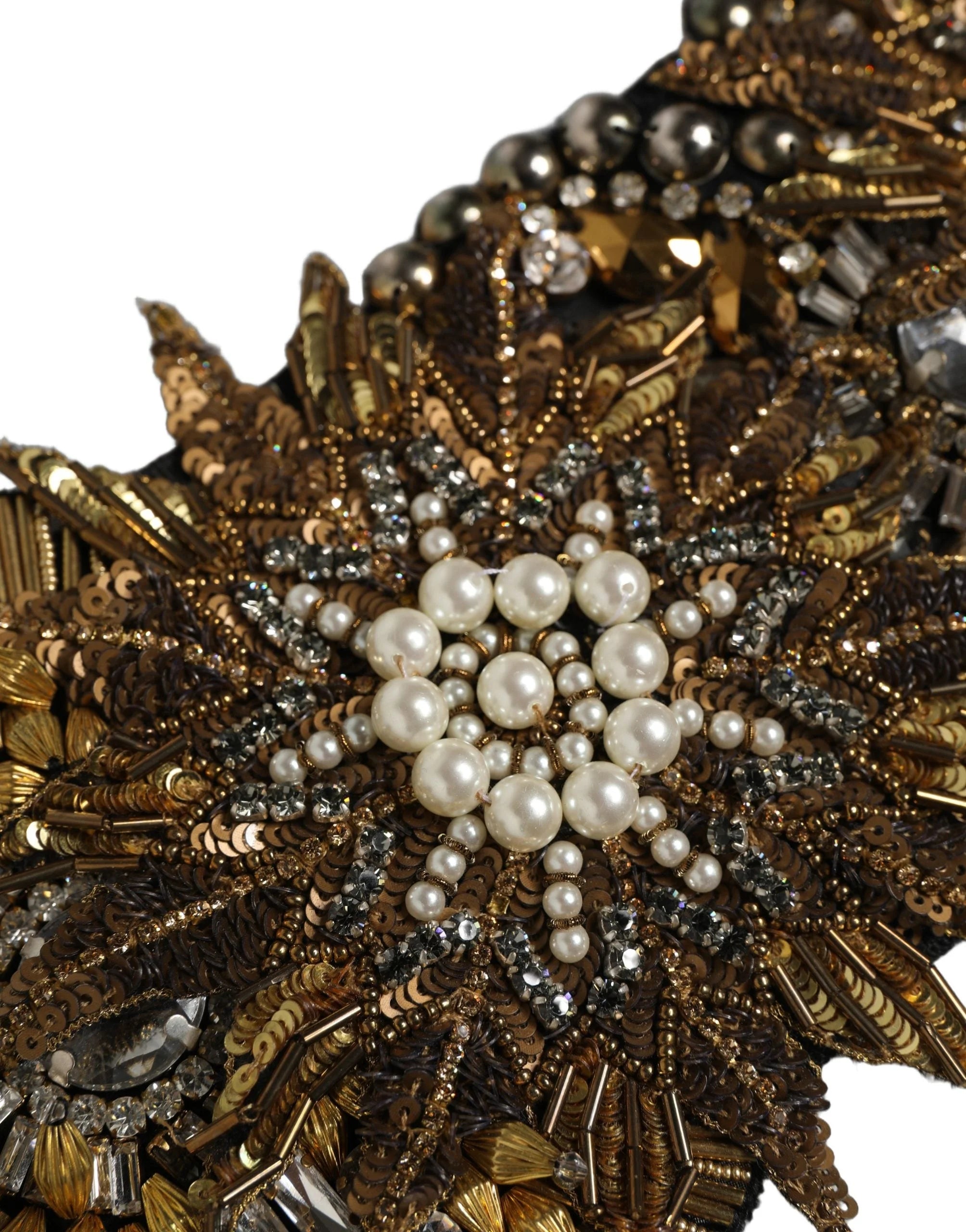 Dolce & Gabbana Black Gold Tone Crystal Brass Flower Brooches Belt - IT48|XXL