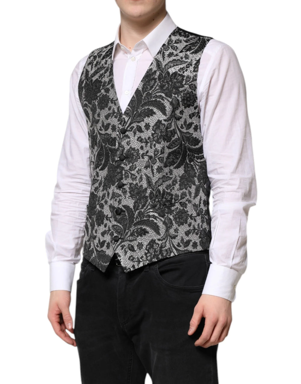 Dolce & Gabbana Black Gray Brocade Formal Men Waistcoat Vest - IT48 | M - Vests