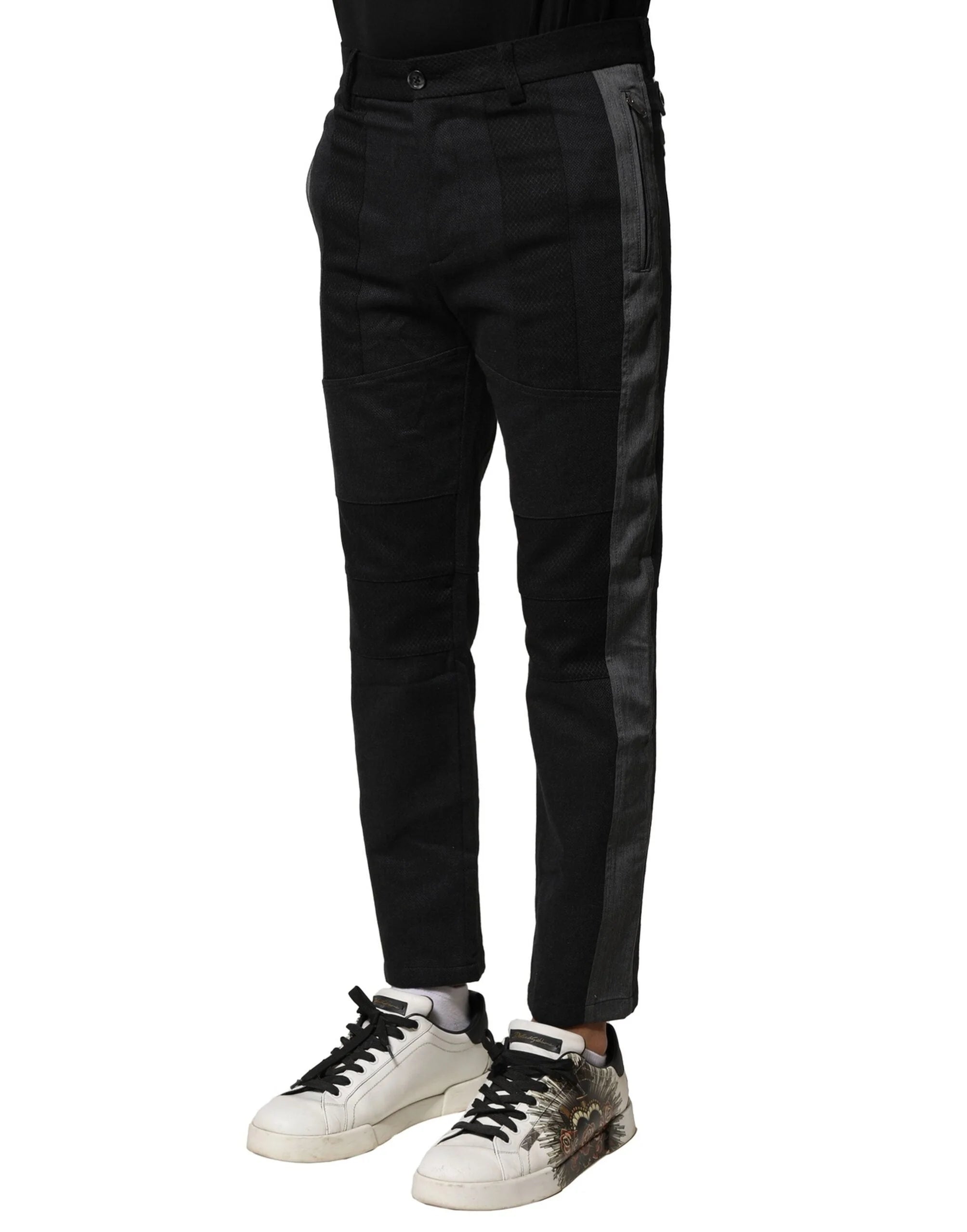 Dolce & Gabbana Black Gray Cotton Tapered Men Pants - IT44 | XS