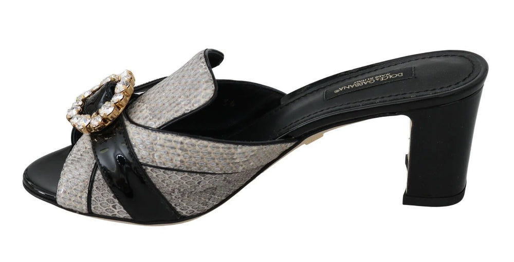 Dolce & Gabbana Black Gray Exotic Leather Crystals Sandals Shoes - EU37/US6.5