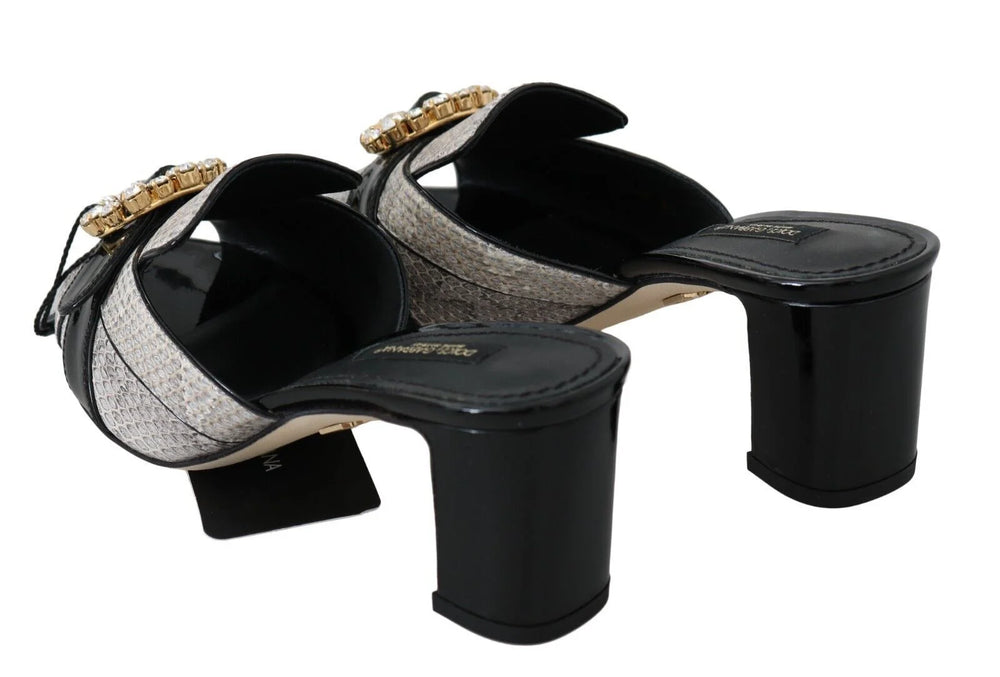Dolce & Gabbana Black Gray Exotic Leather Crystals Sandals Shoes - EU37/US6.5