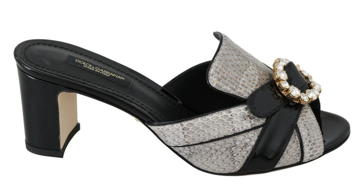 Dolce & Gabbana Black Gray Exotic Leather Crystals Sandals Shoes - EU37/US6.5