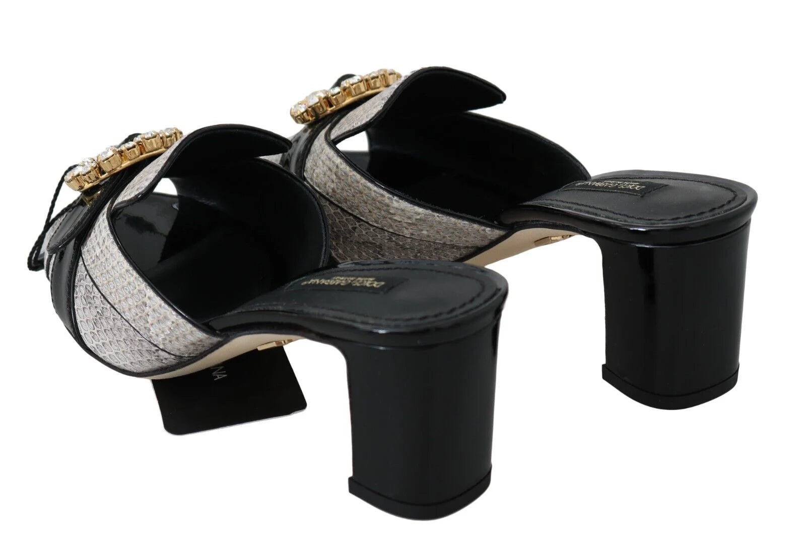 Dolce & Gabbana Black Gray Exotic Leather Crystals Sandals Shoes - Sandals