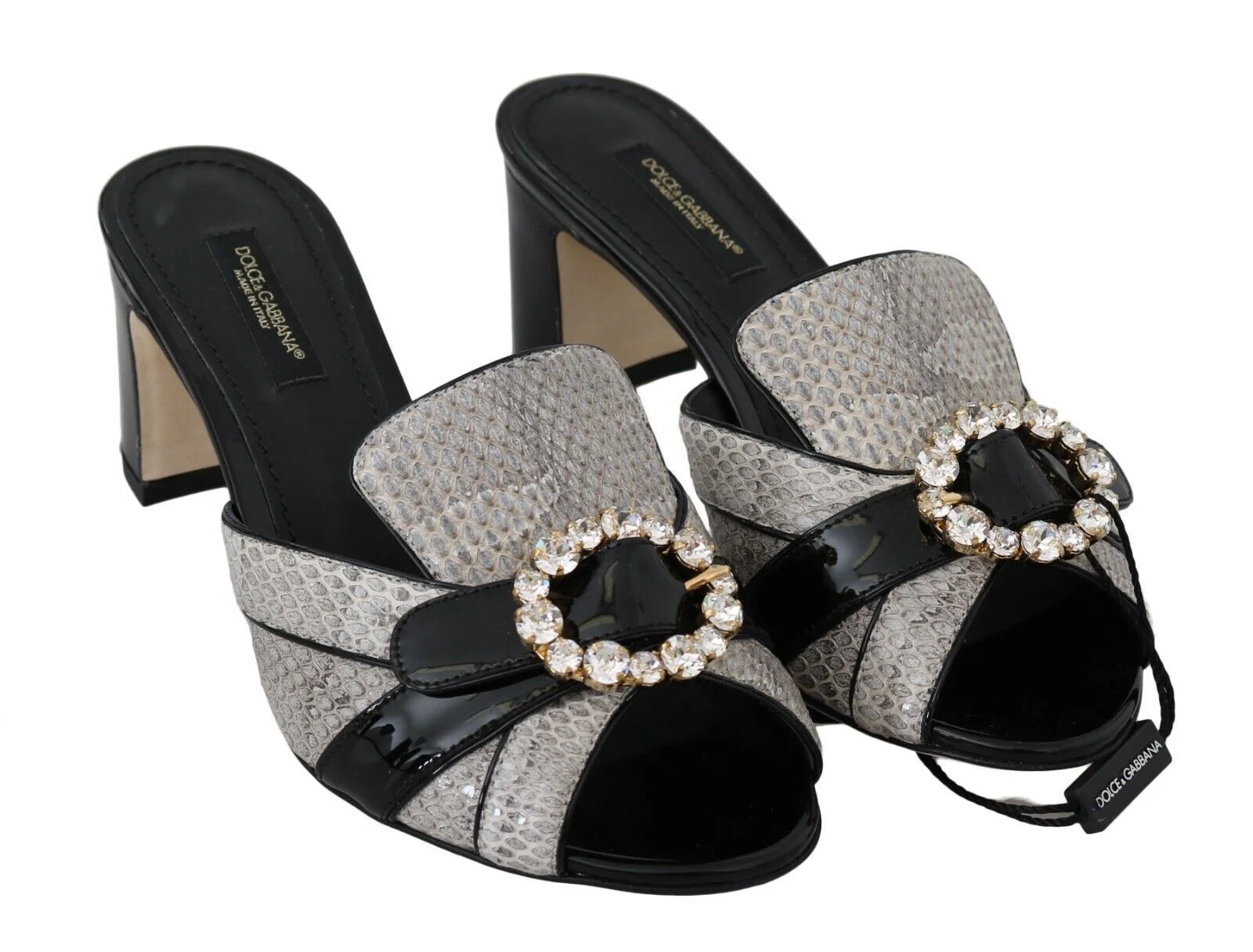 Dolce & Gabbana Black Gray Exotic Leather Crystals Sandals Shoes - EU37/US6.5